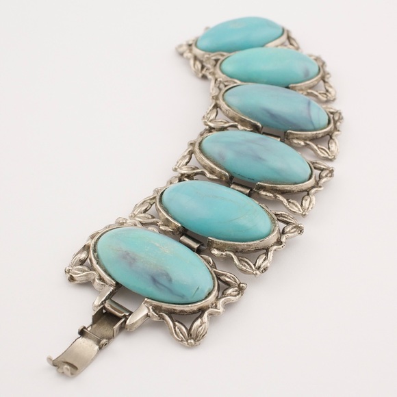 Vintage Karu Arke Faux Turquoise Panel Bracelet Silver Tone Mid-Century Bohemian - Picture 3 of 7